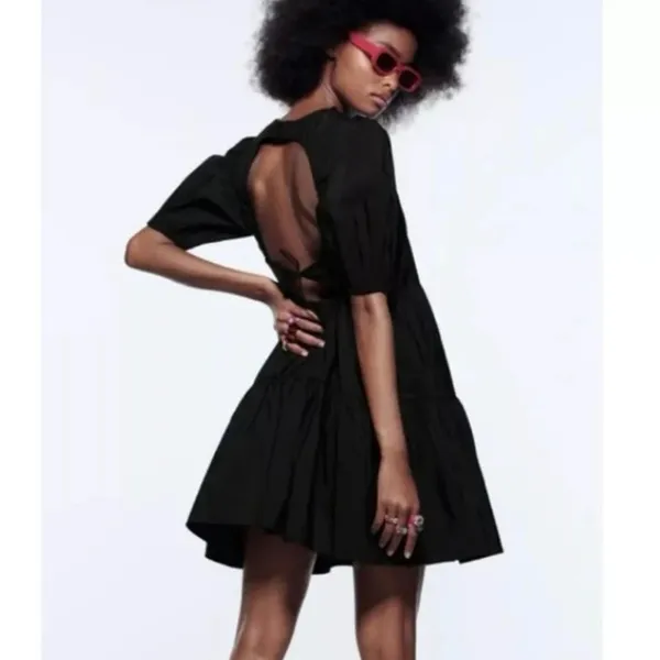 Zara Black Puff Sleeve Open Back Cocktail A Line Tiered Mini Dress Size XS - Image 10