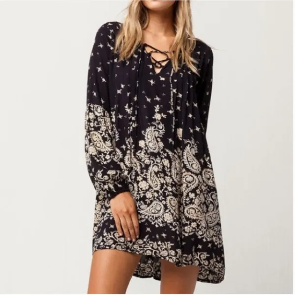 Billabong Just Like You Long-Sleeve Gauzy Rayon Mini Dress Off Black‎ Size Large - Image 4