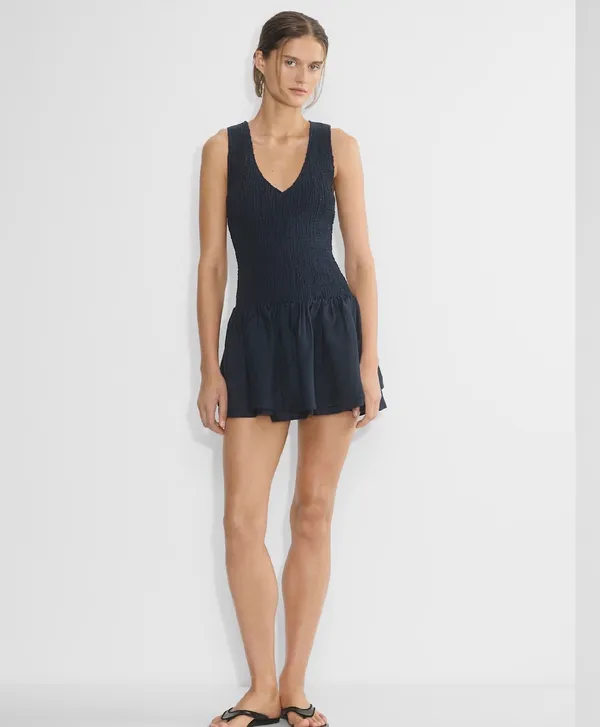 Aritzia Wildred Navy blue Smocked drop-waist V-neck mini dress - Image 2