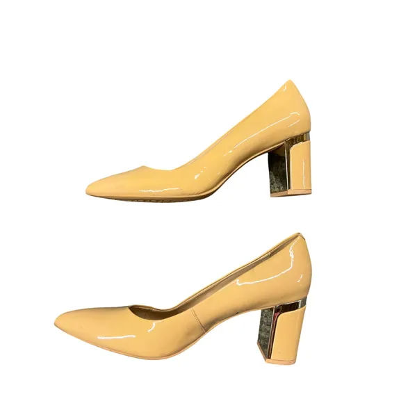 DKNY Womens Nude Beige Patent Pointed Toe Block Heel Pumps Gold Accents Size 8.5 - Image 2