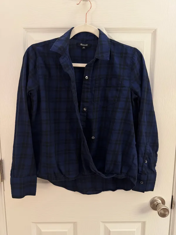 Madewell Navy Blue Arion Plaid Wrap Front Shirt XS - Image 4
