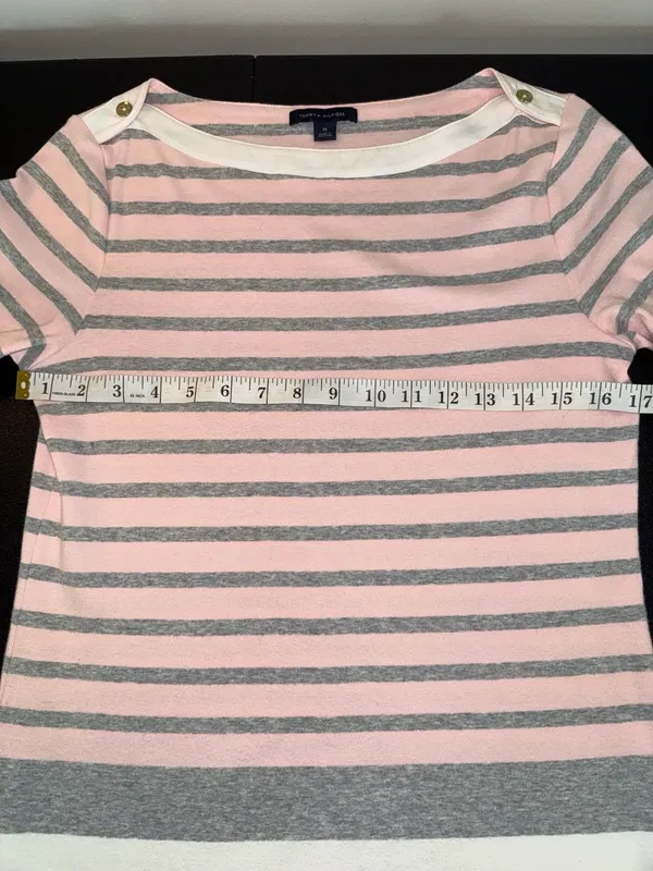 Tommy Hilfiger Pink and Grey Striped Boat Neck 3/4 Sleeve Top size-M - Image 4