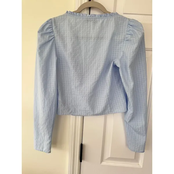 TOPSHOP Baby Blue Gingham Ruffle Sweetheart‎ Neck Crop Top Long Sleeve Size US 2 - Image 6