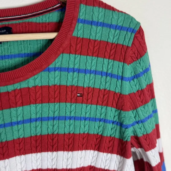 Tommy Hilfiger Sweater Womens Large Multicolor Striped Cable Knit Pullover Crew - Image 2