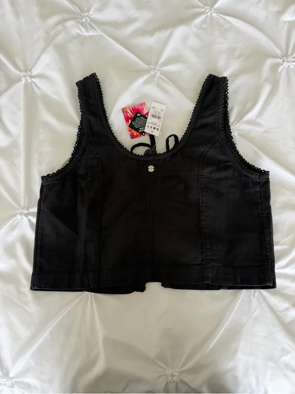 Roxy Black Lace-Edge Tie-Front Crop Top - Image 2