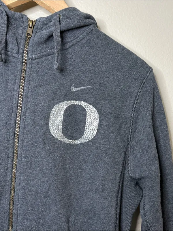 Nike full zip cotton hoodie bedazzled bling women’s gray oregon casual preppy - Image 3