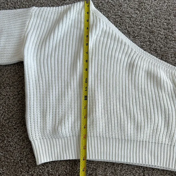 Cable Knit White One Shoulder Lantern Long Sleeve Pullover Sweater - Image 5