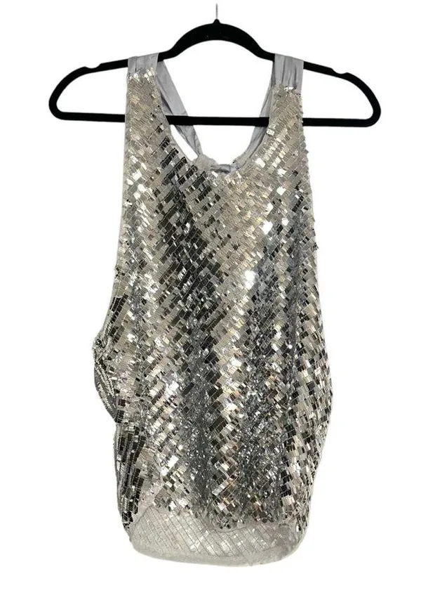 NWT Intimately Free People Disco Fever Sequin Cami Tank in Silver Combo LARGE - Image 5