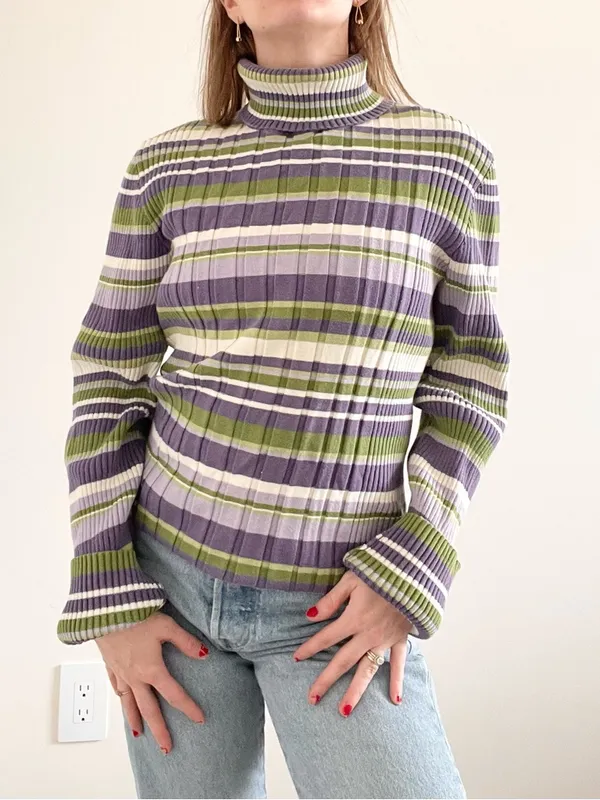 Vintage Jones New York Striped Turtleneck Rib Knit Sweater - Purple & Green - Image 3