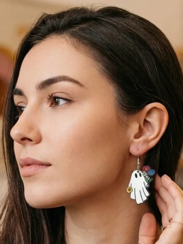 White Ghost Colorful Flower Design‎ Dangle Halloween Earrings Wooden Jewelry - Image 3