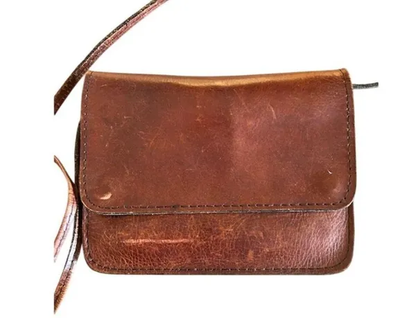 Vintage Brown Leather Crossbody Purse Minimalist Bag w/ Zipper & Snap Closure - Image 4