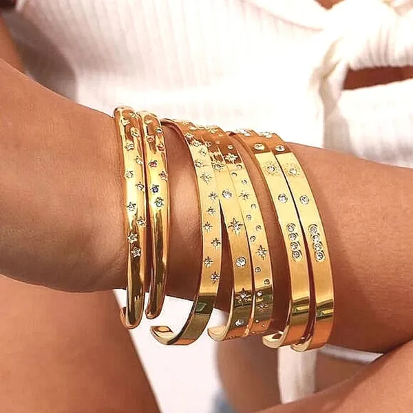 Boutique NEW Heavy 18k Gold Simulated Diamond Stars Bangle Cuff Bracelet‎ Sz Adjustable - Image 4