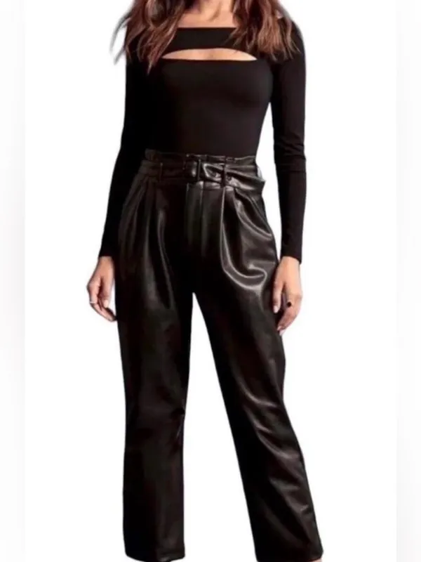 Abercrombie & Fitch A&F Black Faux Leather Belted Trouser Pants Size large - Image 10