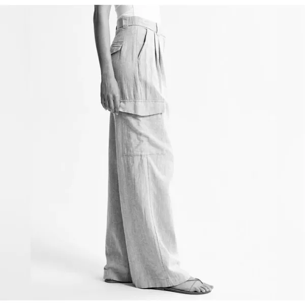 ✨Abercrombie & Fitch Linen-Blend Tailored Ultra Wide-Leg Cargo Sz S Green Pants✨ - Image 4