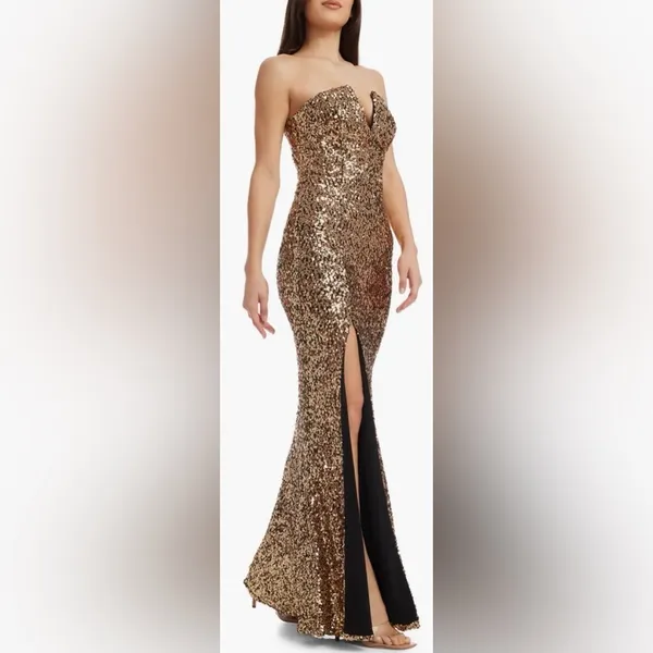 NEW Dress the Population Fernanda Gold Sequin Strapless Gown Sz L - Image 3
