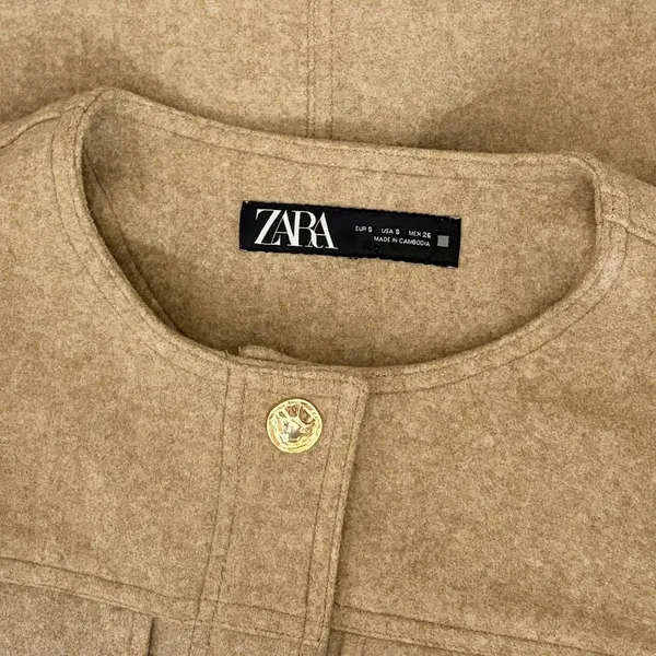 ZARA Cropped Jacket Light Brown Tan Gold Hammered Snaps Preppy Chic Small - Image 11
