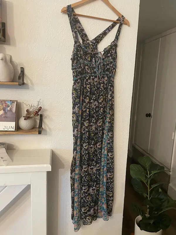 Free People Dance With Me Mixed Floral Halter Maxi Dress Adjustable Front Ties M - Image 4