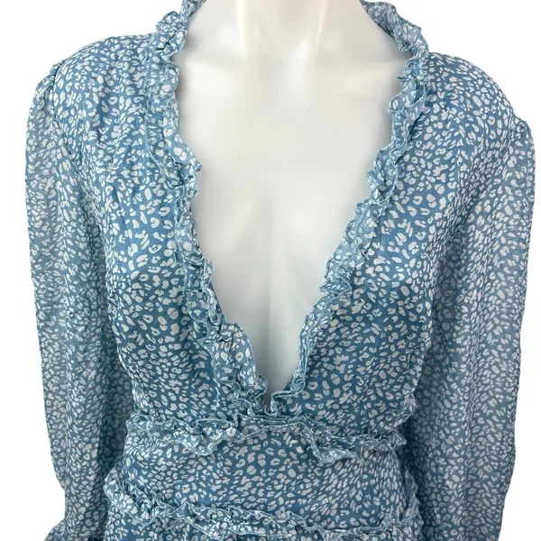 Blue White Floral Chiffon Ruffle Tiered Balloon Sleeve Mini Fit & Flare Dress XL - Image 4