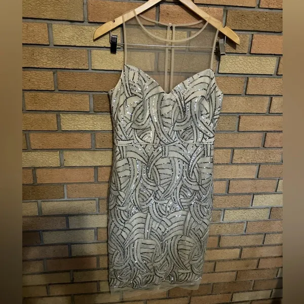 Vince Camuto Illusion Lace Yoke Sleeveless Champagne Sequin Sheath Dress Size 6 - Image 4