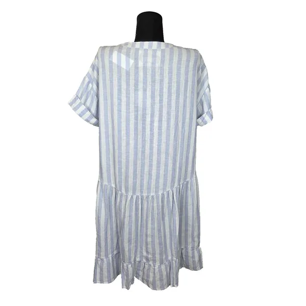 Cupio Babydoll Dress Linen Blend Blue White Stripe Medium Coastal Cottagecore - Image 5