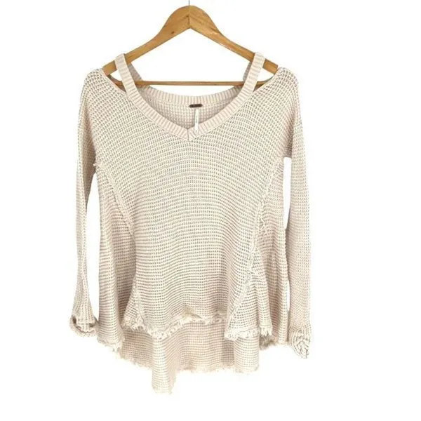 Free People Womens Sunrise Cold Shoulder Waffle Knit Sweater Cream Size‎ XS - Image 2