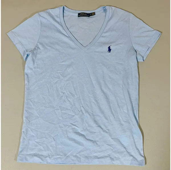 Polo Ralph Lauren Baby Blue Pastel Solid Logo V-Neck Tee T-Shirt Top Size S 🩵 - Image 3