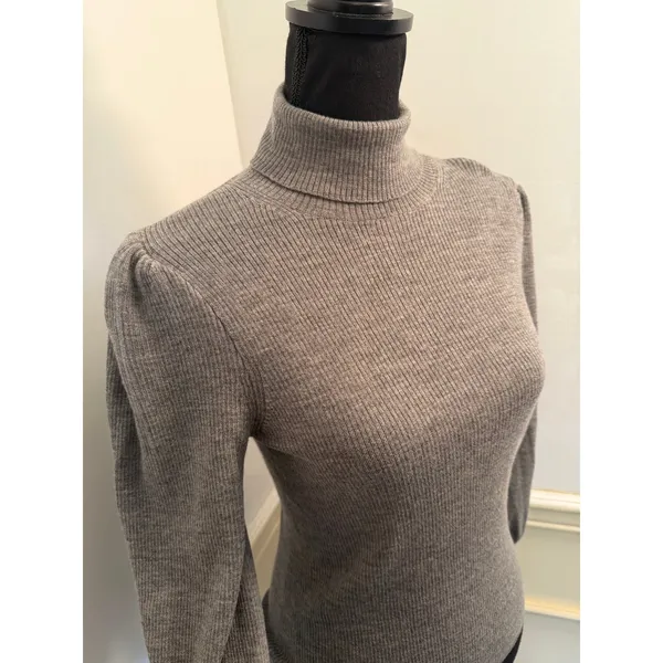 J.Crew 100% Merino Wool Ribbed Balloon Sleeve Turtleneck Sweater Gray Minimalist - Image 3