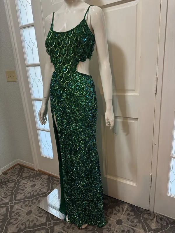 Rachel Allan Stunning Emerald Green Sequin Fringe Cutout formal Gown Size 6 - Image 7