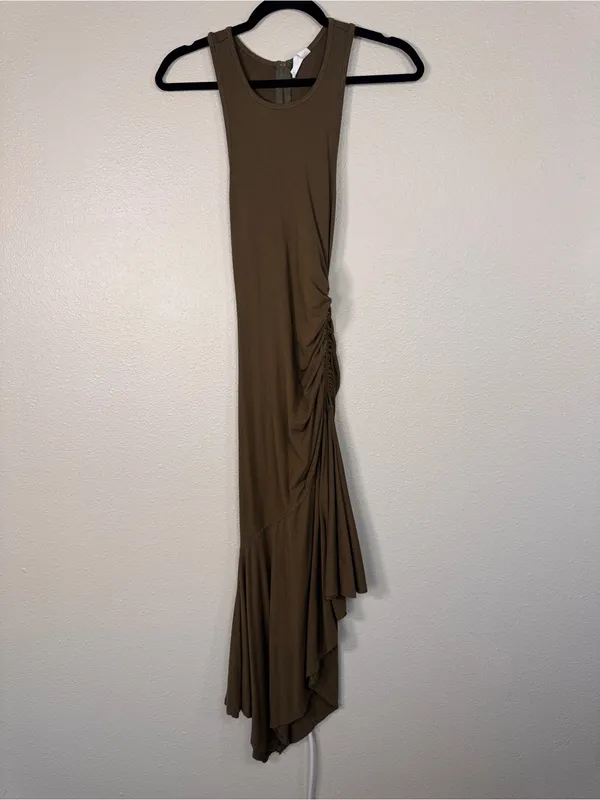 Daily Practice Olive Green Ruched Asymmetrical Midi Dress Womens XXS Casual - Image 15