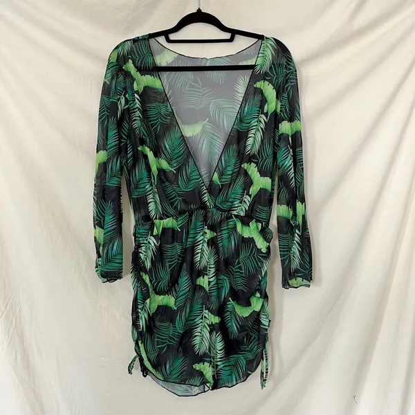 3 Piece Green Jungle Tropical Swim Set Bikini & Sheer Cover Up L - Image 2