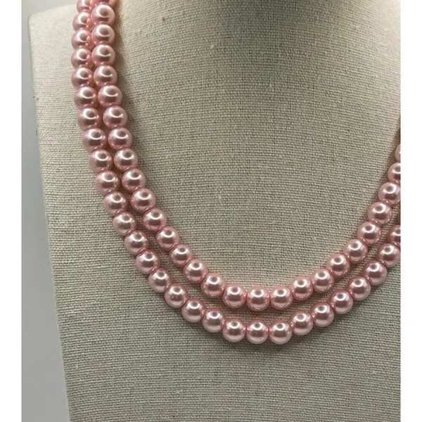 Vintage Pink Tone Double Strand Pink Faux Pearl Lightweight 33” Necklace - Image 4