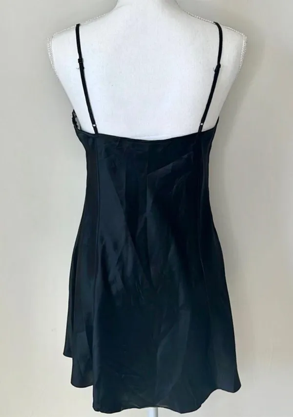Victoria’s Secret Vintage from 1999 (the 90’s) black satin finish silk slip dress mini dress with floral lace trim along top hem - Image 5