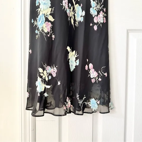 Evan Picone Black Floral 90s V Neck Flutter Sleeve Midi Sun Dress 10P Lined - Image 5