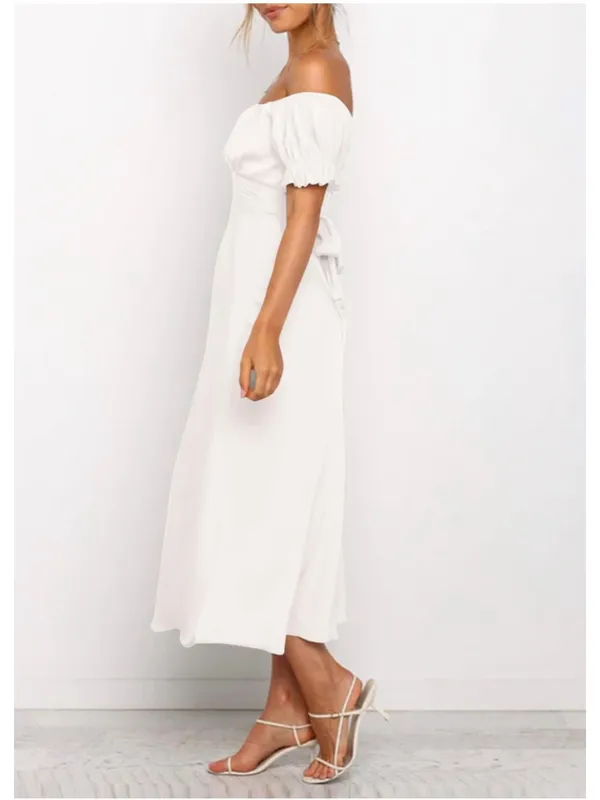 NEW Elegant Off Shoulder Short Sleeve Ruffle Mermaid Hem Belted Midi Dress XL - Image 5