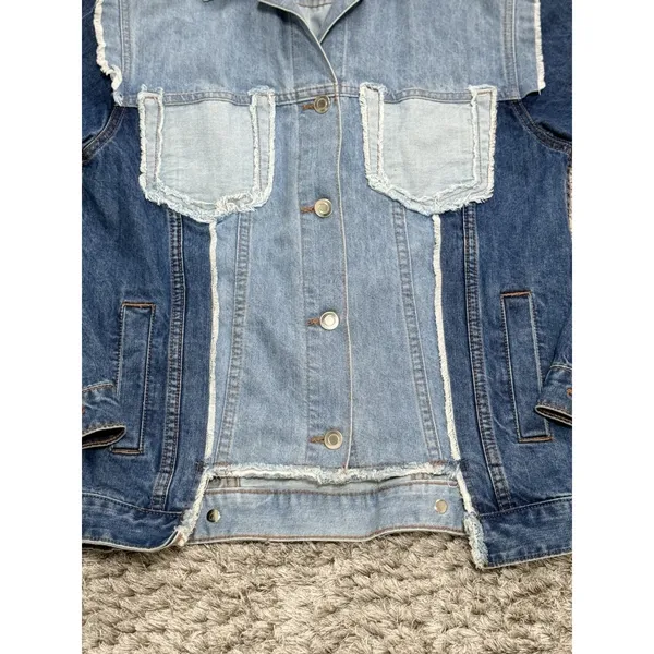 RD Style Womens Size XS Patchwork Denim Jacket Two Tone Blue Raw Hem Distressed - Image 5