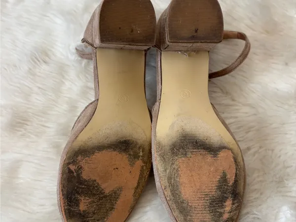 Scalloped Faux Suede Tan Ankle Strap Heels - Image 4