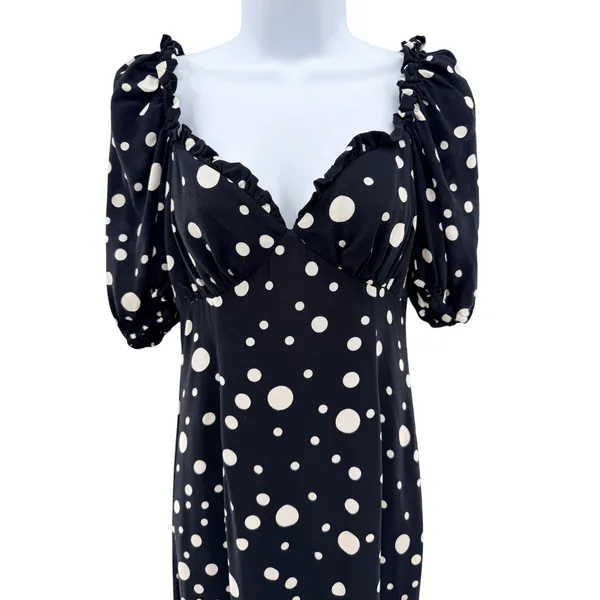 Lovers + Friends Dennis Midi Dress‎ Black White Polka Dot Ruffle XXS Puff Sleeve - Image 4
