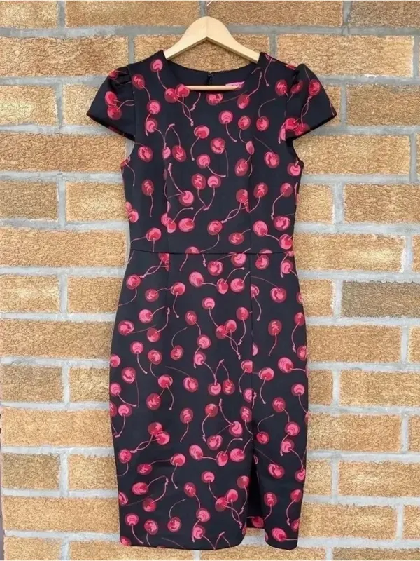 Betsey Johnson Cherry Print Dress 6 Coquette Cherrycore Retro Cap Sleeve Slit⁠ - Image 4