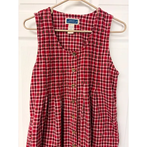 Bryn Connelly Red Plaid Pine Tree Embroidered Cotton Button Front Midi Dress S - Image 2