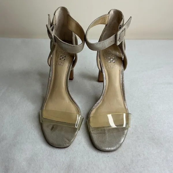 Vince Camuto Womens 6M Metallic Champagne Gold Clear Strap Block Heel Sandals - Image 3