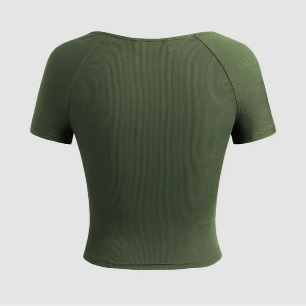 Cider Olive Green Faux Wrap Jersey Short Sleeve T Shirt - Image 3