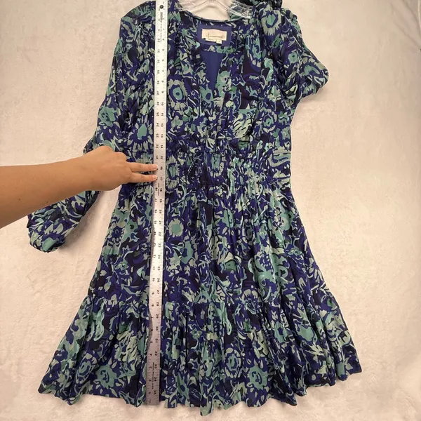 Anthropologie Mini Dress Floral Print Long‎ Sleeve Casual Blue Green M - Image 4