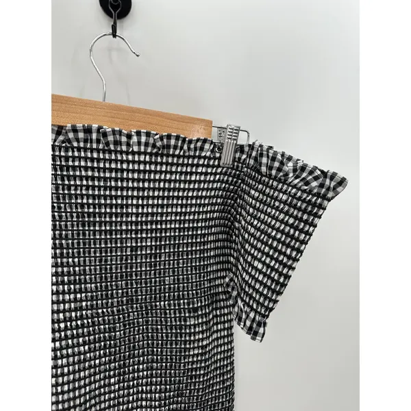 WAYF Dress Women MEDIUM NWT Black White‎ Gingham Smocked Off Shoulder Mini - Image 5