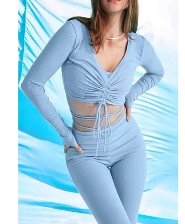Alo Airbrush High-Waist Cinch Flare Legging Tile Blue Tie-Up Corset Lace Hi-Rise - Image 8