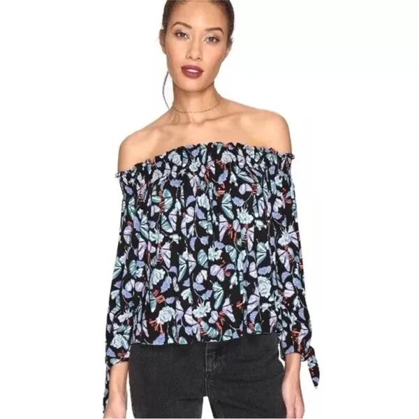 We the Free People Lexington Off Shoulder Stretchy Knit Floral Top Small‎ - Image 3