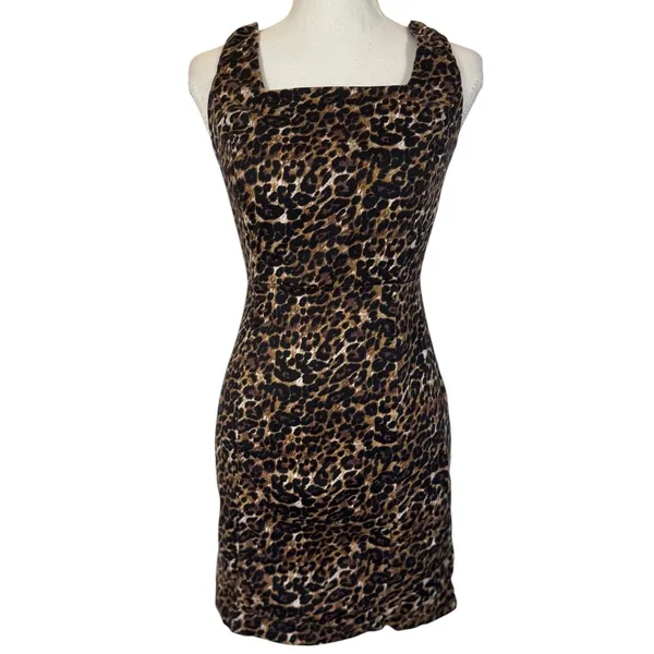 Leopard Print Mini Dress Womens XS Brown Black Square Neck Bodycon Stretch Y2K - Image 3
