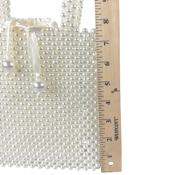 Faux Pearl‎ Beaded Tote Bag S Cream Satin Pouch Handle Bridal Wedding - Image 2