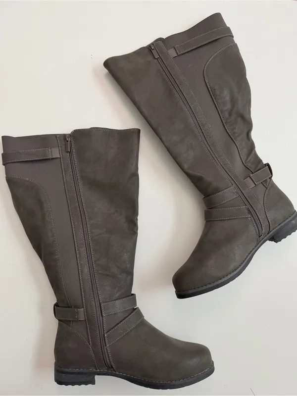 Torrid Boots Strappy Knee Faux Oil Suede Leather Buckles Tall Extra Wide Grey - Image 4