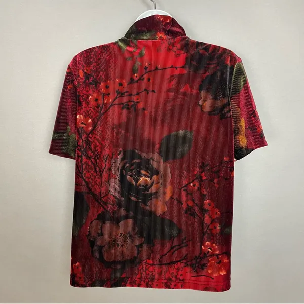 Vintage Floral Top Velvety Ribbed Short Sleeves Deep Red Mock Neck‎ Women Medium - Image 10