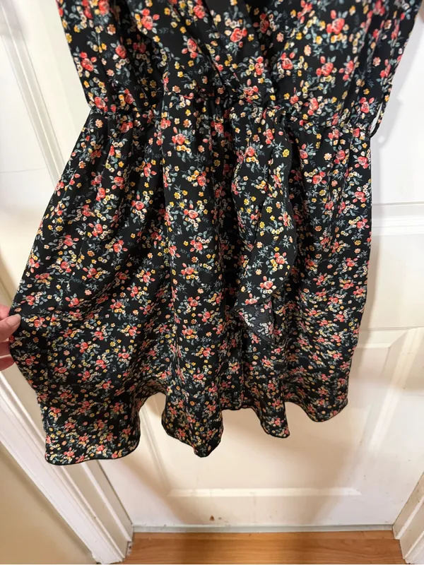 Purple Snow Black Floral Wrap Mini Dress with Puff Sleeves - Image 2